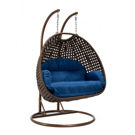 LeisureMod Mendoza Dark Brown Wicker Hanging 2 person Egg Swing Chair - Blue