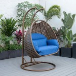 LeisureMod Mendoza Dark Brown Wicker Hanging 2 person Egg Swing Chair - Blue