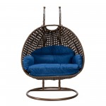 LeisureMod Mendoza Dark Brown Wicker Hanging 2 person Egg Swing Chair - Blue