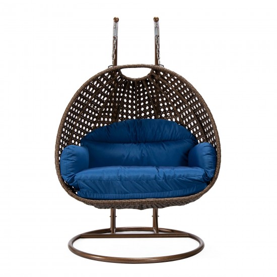 LeisureMod Mendoza Dark Brown Wicker Hanging 2 person Egg Swing Chair - Blue