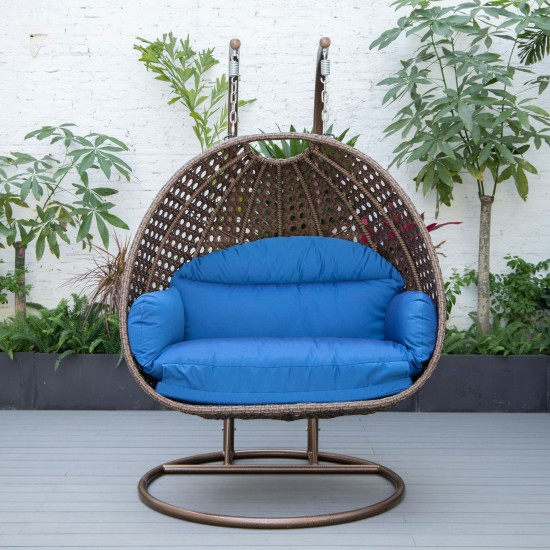 LeisureMod Mendoza Dark Brown Wicker Hanging 2 person Egg Swing Chair - Blue