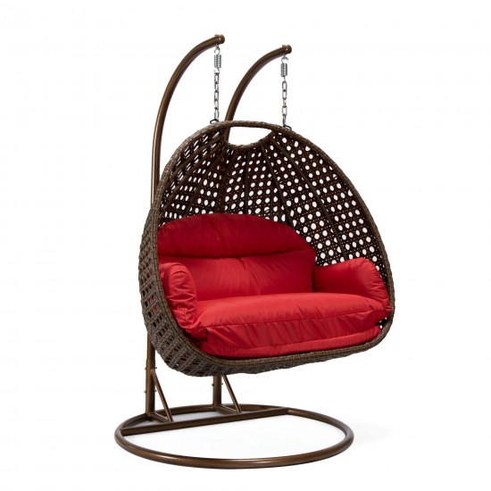 LeisureMod Mendoza Dark Brown Wicker Hanging 2 person Egg Swing Chair - Red