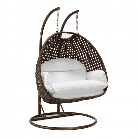 LeisureMod Mendoza Dark Brown Wicker Hanging 2 person Egg Swing Chair - White