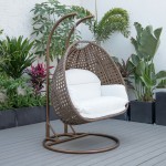 LeisureMod Mendoza Dark Brown Wicker Hanging 2 person Egg Swing Chair - White