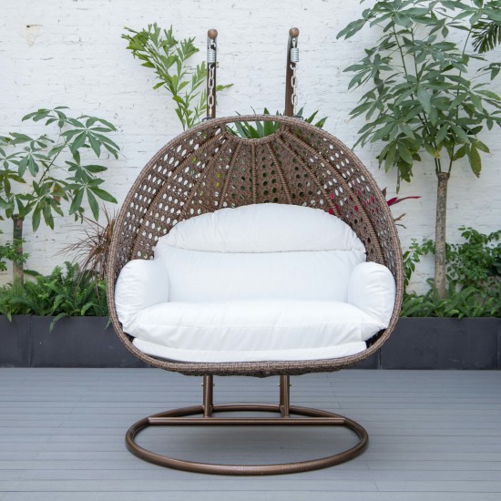 LeisureMod Mendoza Dark Brown Wicker Hanging 2 person Egg Swing Chair - White