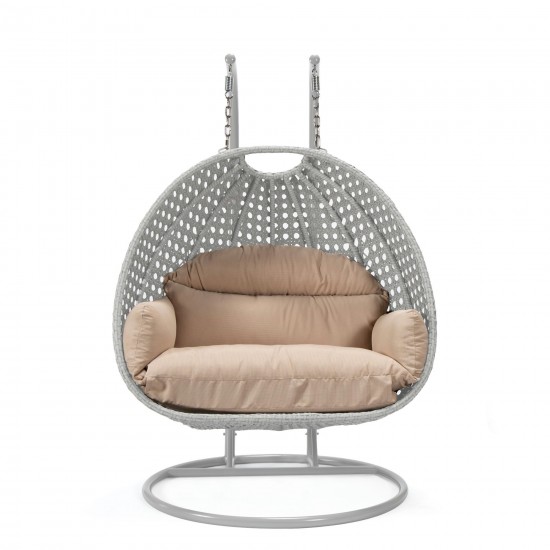 LeisureMod Mendoza Light Grey Wicker Hanging 2 person Egg Swing Chair - Beige