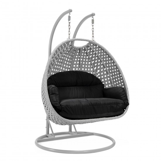 LeisureMod Mendoza Light Grey Wicker Hanging 2 person Egg Swing Chair - Black