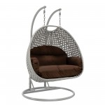 LeisureMod Mendoza Light Grey Wicker Hanging 2 person Egg Swing Chair - Brown