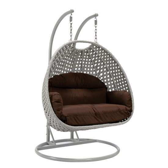 LeisureMod Mendoza Light Grey Wicker Hanging 2 person Egg Swing Chair - Brown