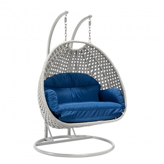 LeisureMod Mendoza Light Grey Wicker Hanging 2 person Egg Swing Chair - Blue