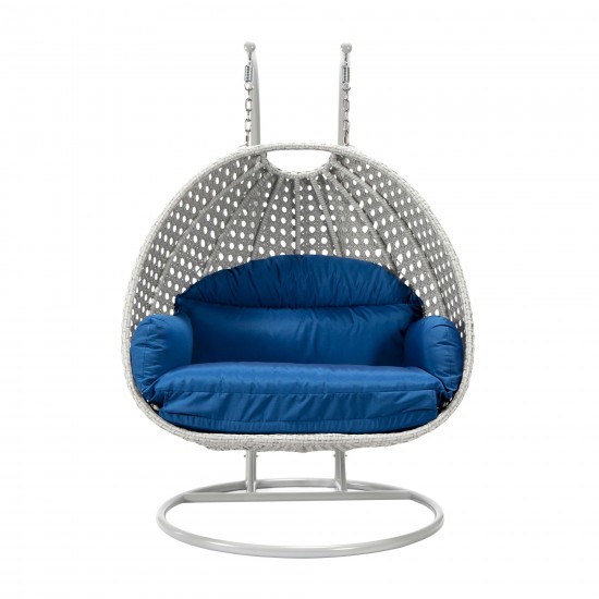 LeisureMod Mendoza Light Grey Wicker Hanging 2 person Egg Swing Chair - Blue
