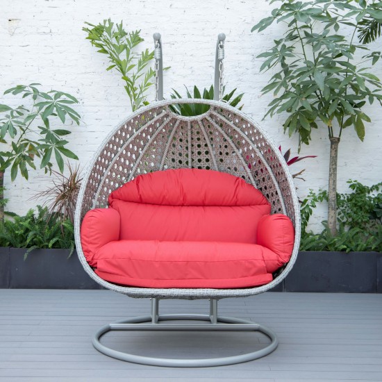 LeisureMod Mendoza Light Grey Wicker Hanging 2 person Egg Swing Chair - Red