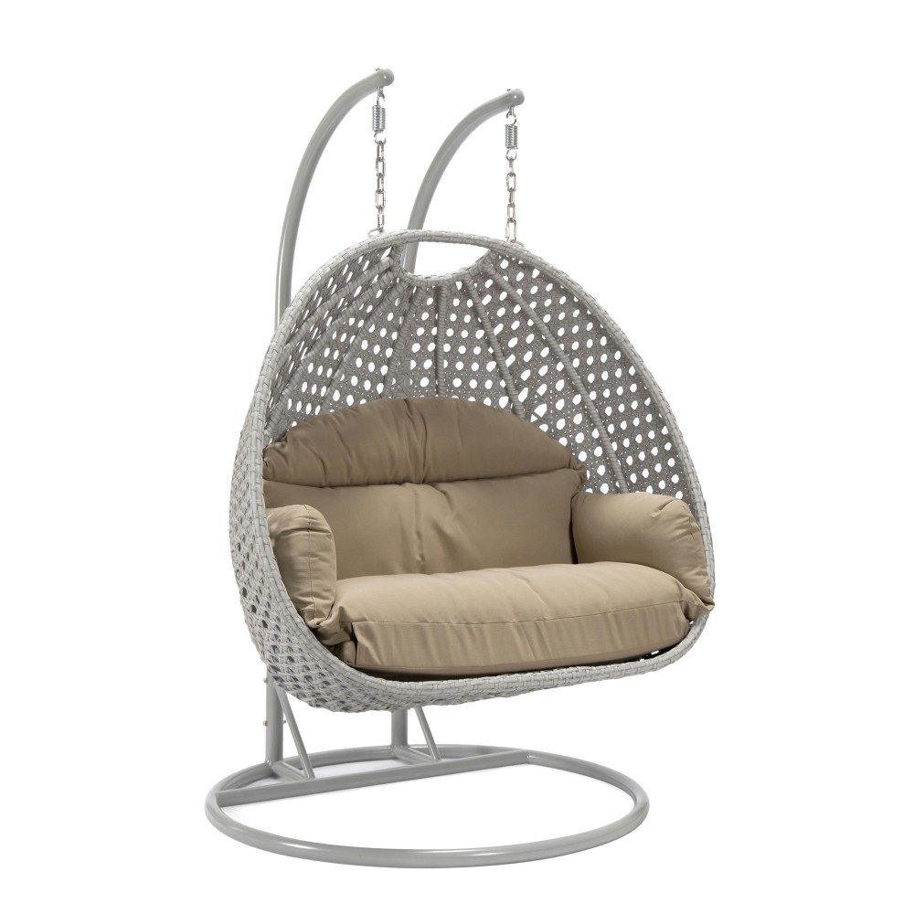 LeisureMod Mendoza Light Grey Wicker Hanging 2 person Egg Swing Chair - Taupe