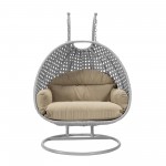 LeisureMod Mendoza Light Grey Wicker Hanging 2 person Egg Swing Chair - Taupe