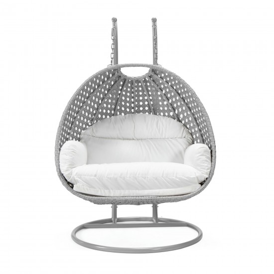 LeisureMod Mendoza Light Grey Wicker Hanging 2 person Egg Swing Chair - White