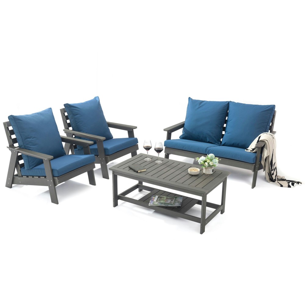 LeisureMod Alpine Poly Lumber 4-Piece Patio Conversation Set- Navy Blue