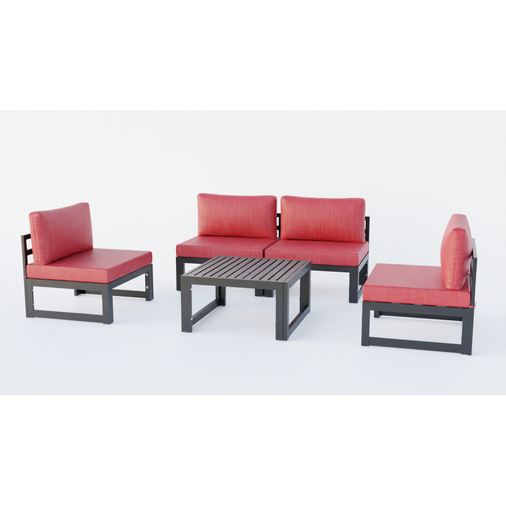 LeisureMod Chelsea 5-Piece Middle Patio Chairs and Coffee Table Set- Red