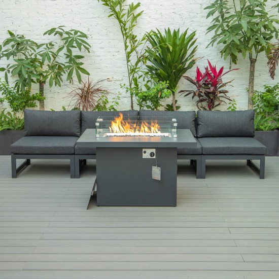 LeisureMod Chelsea 5-Piece Middle Patio Chairs and Fire Pit Table Set- Black