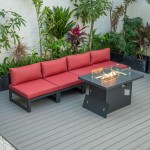 LeisureMod Chelsea 5-Piece Middle Patio Chairs and Fire Pit Table Set- Red