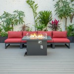 LeisureMod Chelsea 5-Piece Middle Patio Chairs and Fire Pit Table Set- Red