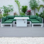 LeisureMod Chelsea 7-Piece Patio Sectional And Fire Pit Table White Aluminum