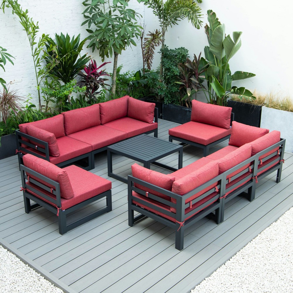 LeisureMod Chelsea 9-Piece Patio Sectional with Coffee Table- Red LeisureMod Chelsea 9-Piece Patio Sectional with Coffee Table- Red