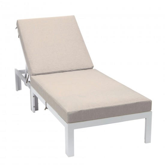 LeisureMod Chelsea Outdoor White Chaise Lounge Chair With Cushions - Beige