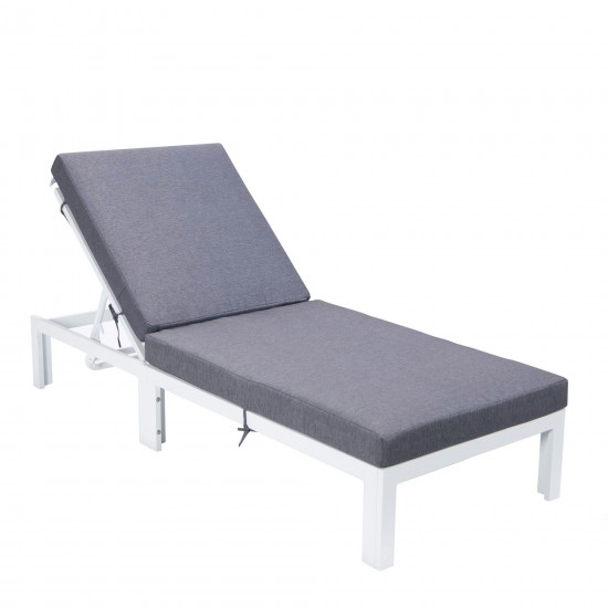 LeisureMod Chelsea Outdoor White Chaise Lounge Chair With Cushions - Blue