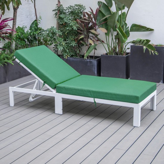 LeisureMod Chelsea Outdoor White Chaise Lounge Chair With Cushions - Green