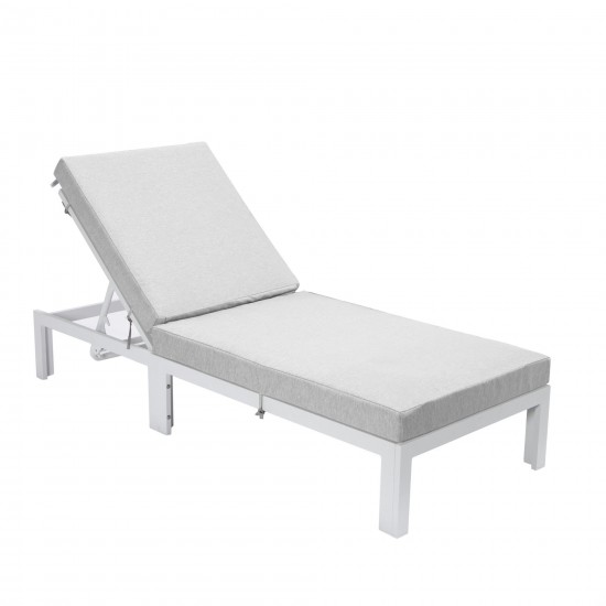 LeisureMod Chelsea Outdoor White Chaise Lounge Chair With Cushions - Grey