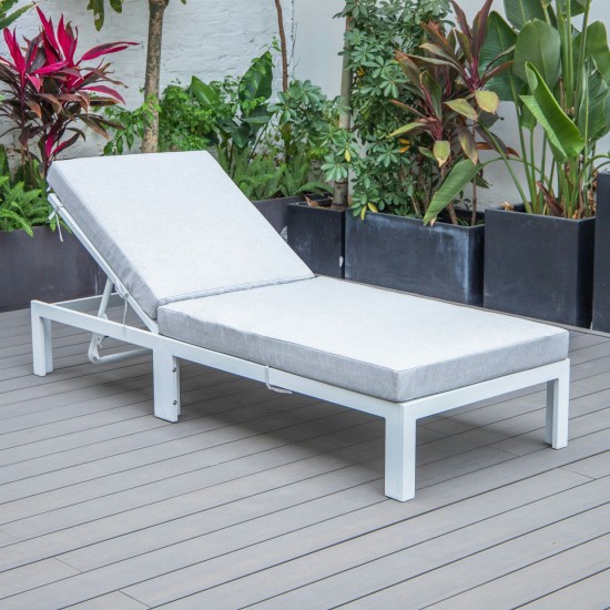 LeisureMod Chelsea Outdoor White Chaise Lounge Chair With Cushions - Grey