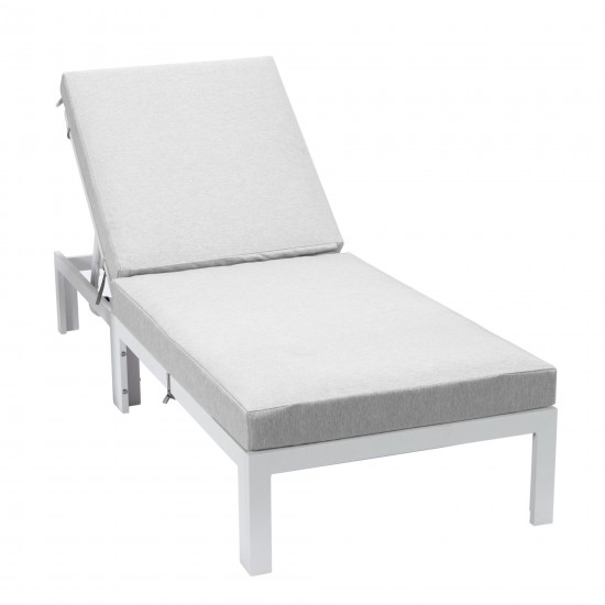 LeisureMod Chelsea Outdoor White Chaise Lounge Chair With Cushions - Grey