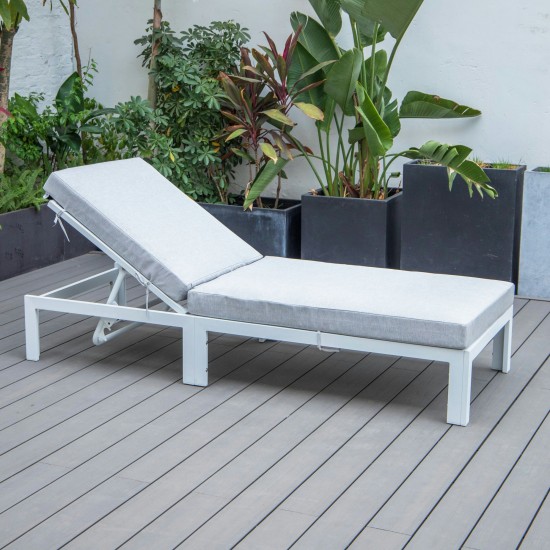 LeisureMod Chelsea Outdoor White Chaise Lounge Chair With Cushions - Grey