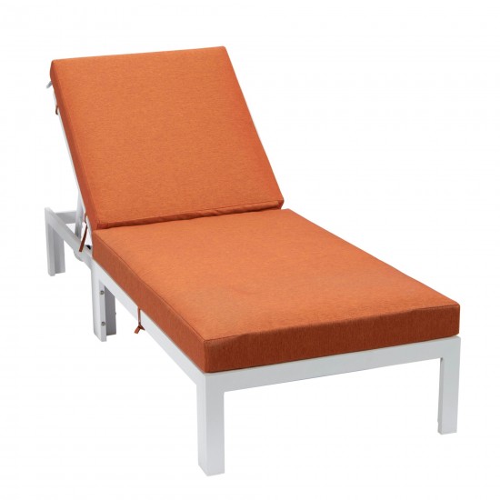 LeisureMod Chelsea Outdoor White Chaise Lounge Chair With Cushions - Orange