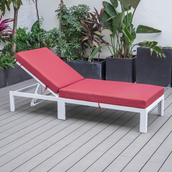 LeisureMod Chelsea Outdoor White Chaise Lounge Chair With Cushions - Red