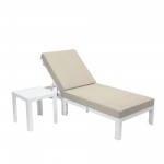 LeisureMod Chelsea Outdoor White Lounge Chair With Side Table & Cushions - Beige