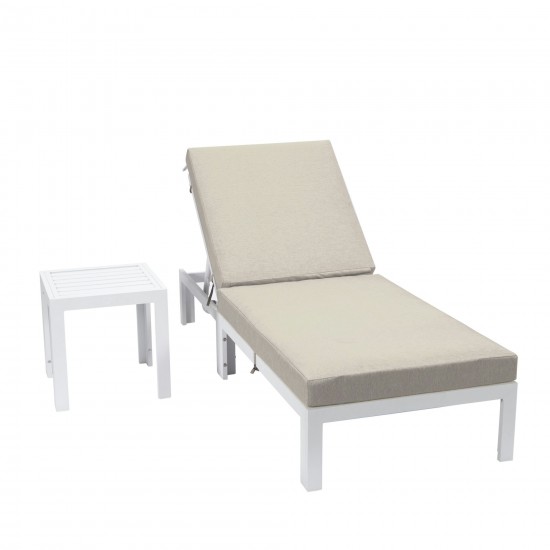 LeisureMod Chelsea Outdoor White Lounge Chair With Side Table & Cushions - Beige