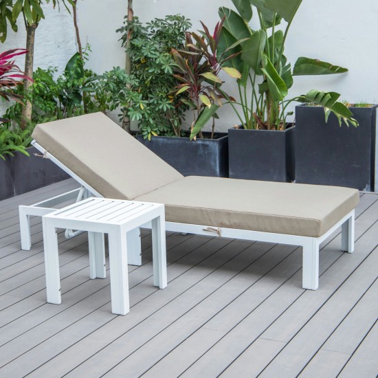 LeisureMod Chelsea Outdoor White Lounge Chair With Side Table & Cushions - Beige