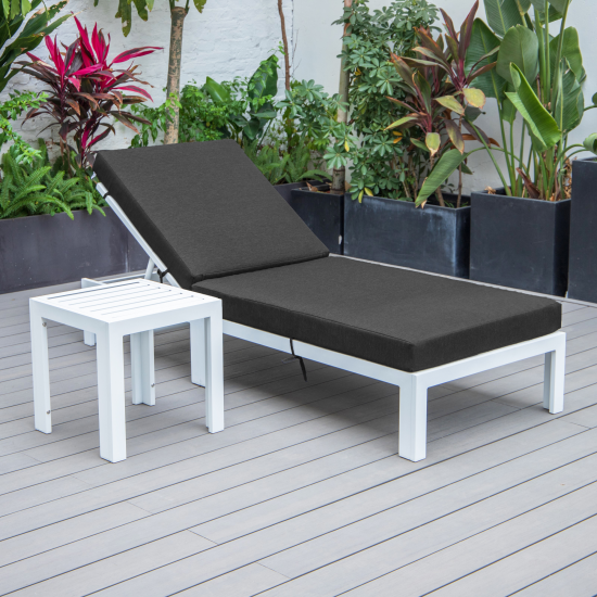 LeisureMod Chelsea Outdoor White Lounge Chair With Side Table & Cushions- Black