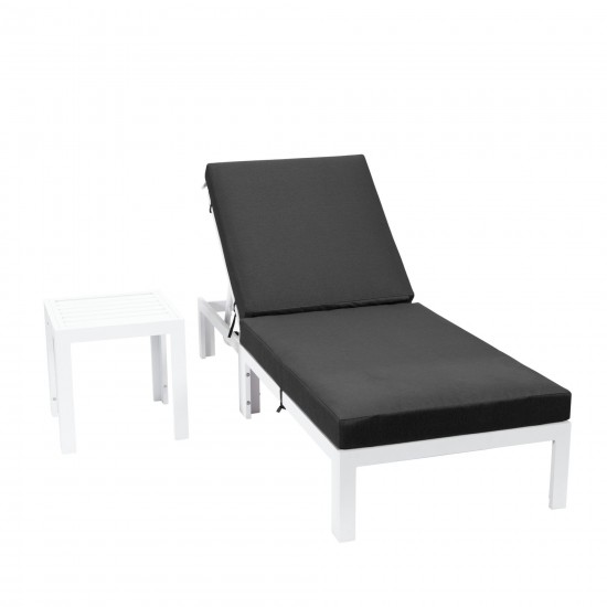 LeisureMod Chelsea Outdoor White Lounge Chair With Side Table & Cushions- Black