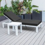 LeisureMod Chelsea Outdoor White Lounge Chair With Side Table & Cushions- Black