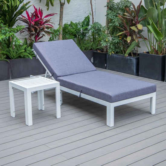 LeisureMod Chelsea Outdoor White Lounge Chair With Side Table & Cushions - Blue