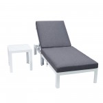 LeisureMod Chelsea Outdoor White Lounge Chair With Side Table & Cushions - Blue