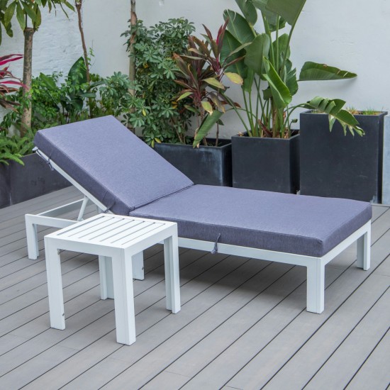 LeisureMod Chelsea Outdoor White Lounge Chair With Side Table & Cushions - Blue