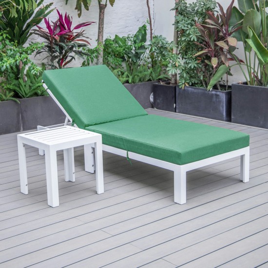 LeisureMod Chelsea Outdoor White Lounge Chair With Side Table & Cushions - Green