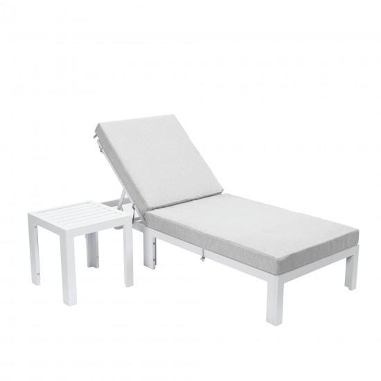 LeisureMod Chelsea Outdoor White Lounge Chair With Side Table & Cushions - Grey