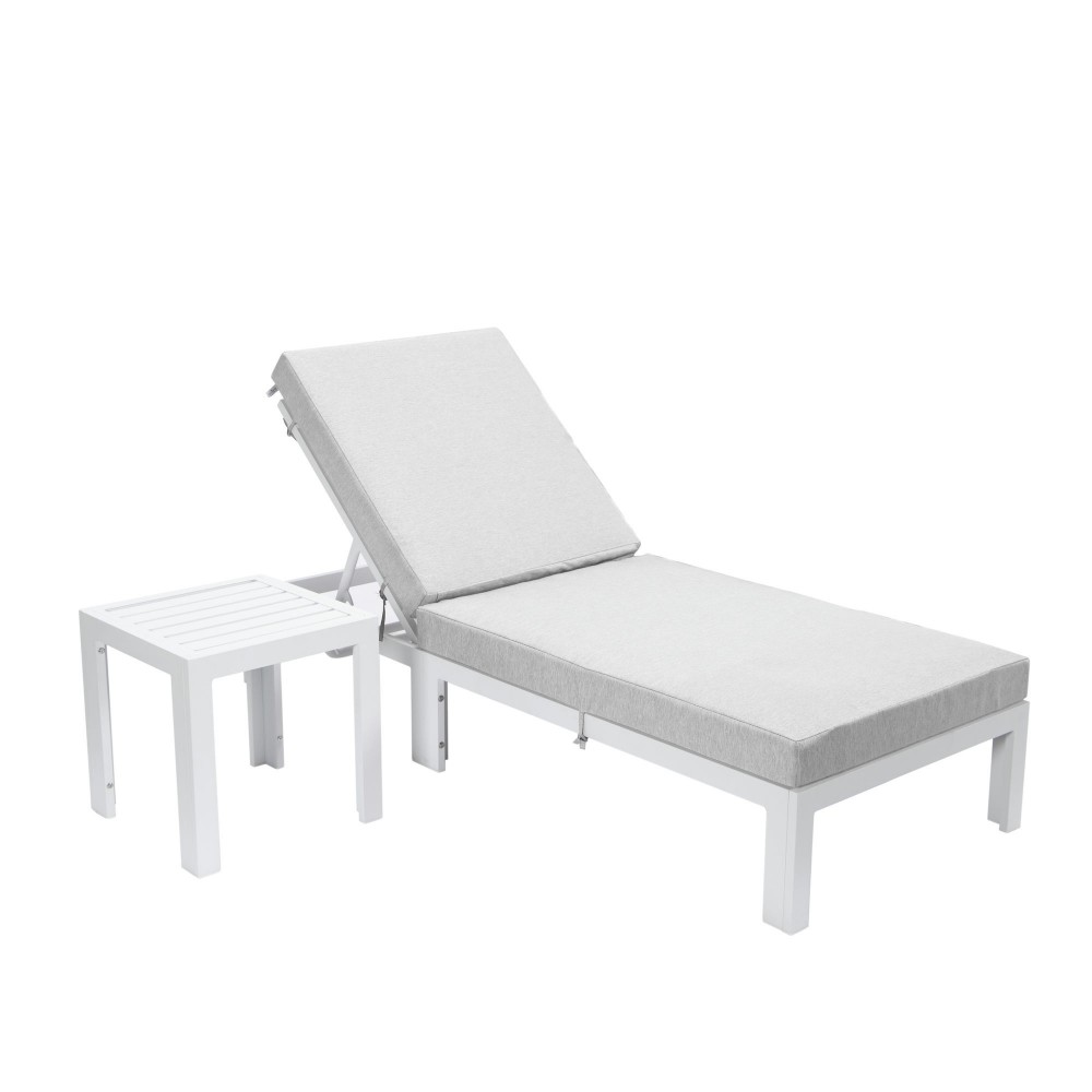 LeisureMod Chelsea Outdoor White Lounge Chair With Side Table & Cushions - Grey