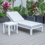 LeisureMod Chelsea Outdoor White Lounge Chair With Side Table & Cushions - Grey