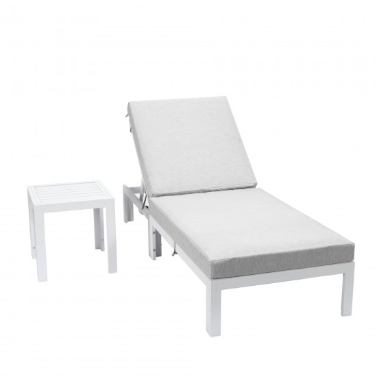 LeisureMod Chelsea Outdoor White Lounge Chair With Side Table & Cushions - Grey