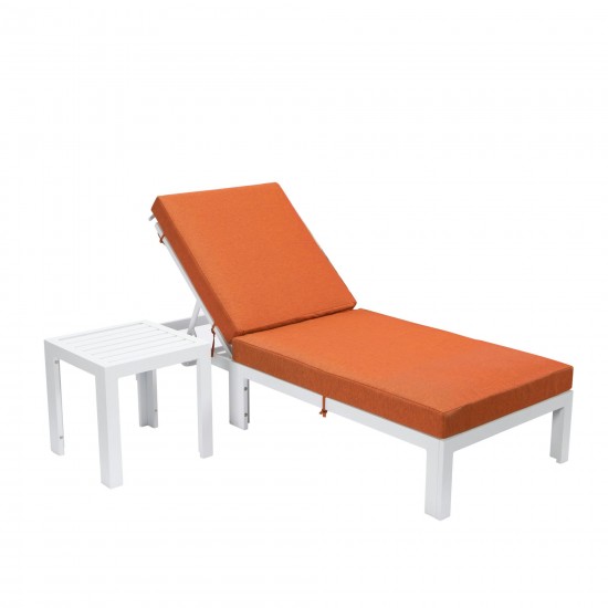LeisureMod Chelsea White Lounge Chair With Side Table & Cushions - Orange